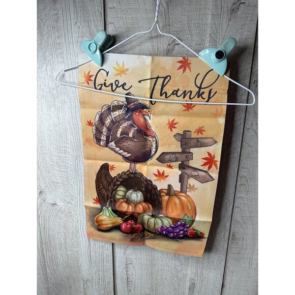Thanksgiving Rustic Double Sided Garden Flag "Give Thanks" Turkey Cornucopia - Picture 2 of 2